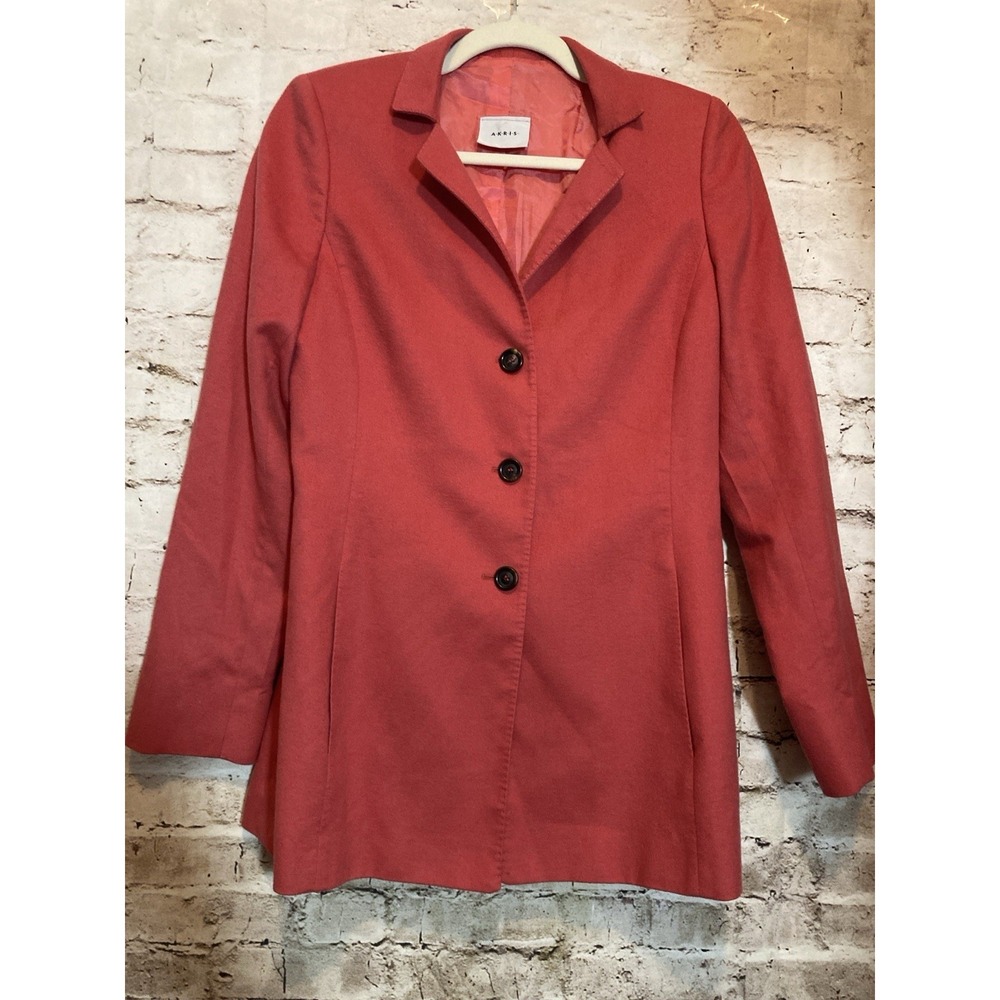 AKRIS Cashmere & Silk Jacket 10 In Coral Three Button Pockets Lined Pea coat